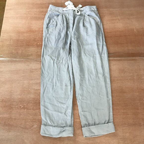 Aritzia Wilfred Pants Women 2 Gray Lyocell Linen Tie Waist Pocket Cuffed Preppy - Picture 1 of 14